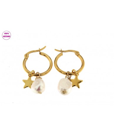 orecchini cerchi acciaio oro con stella e fiume di perla