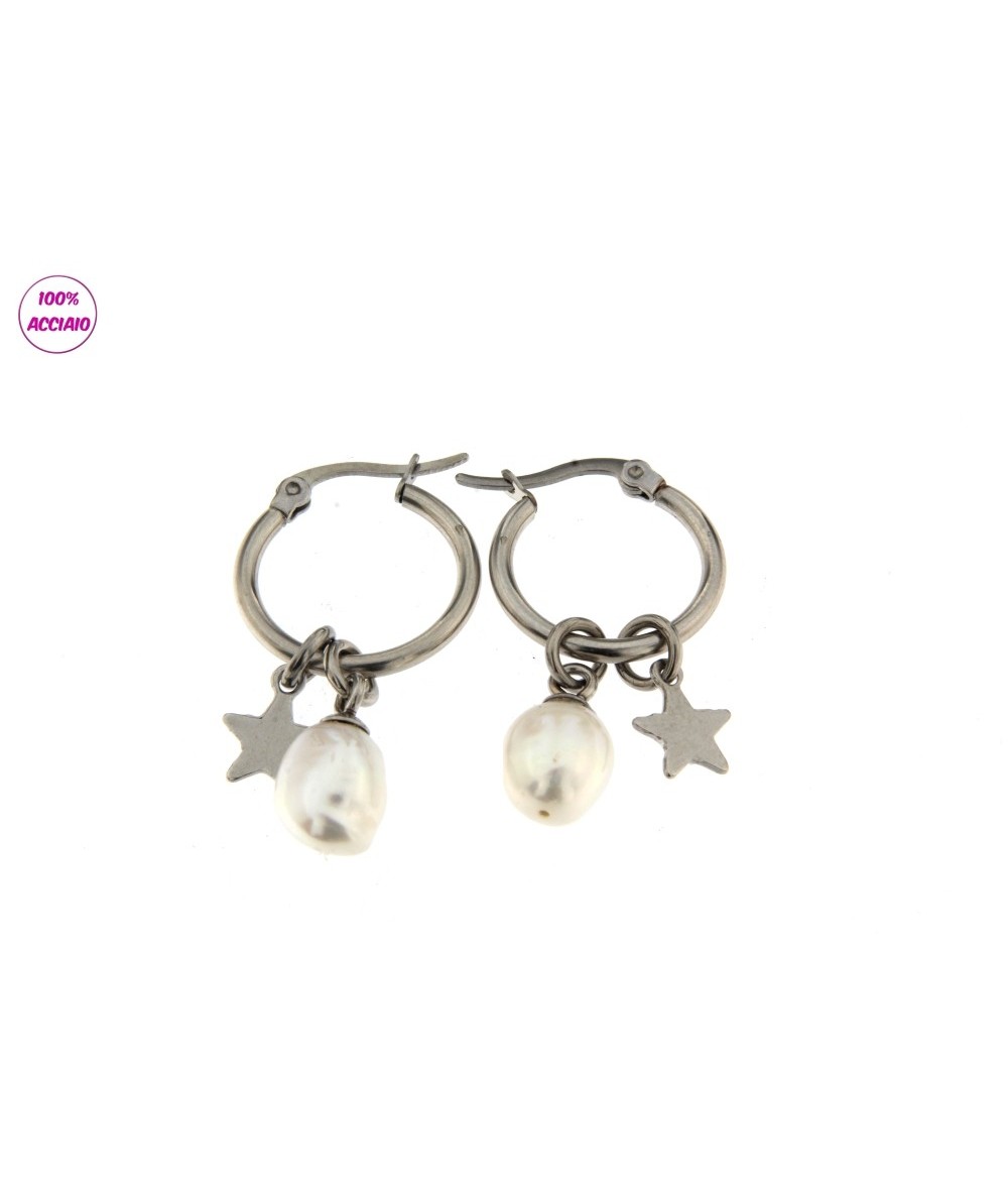 orecchini acciaio con stella e perla di fiume