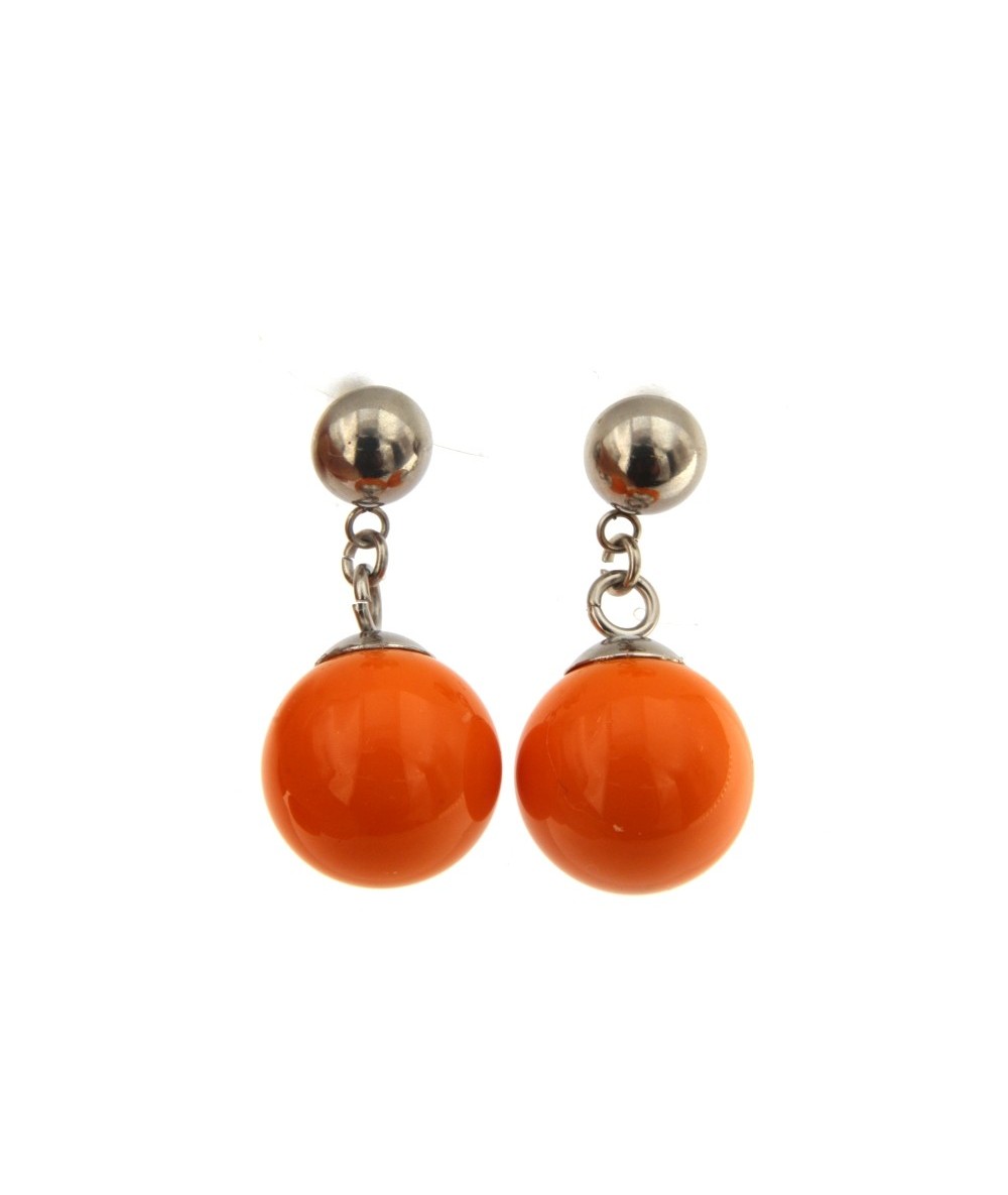 orecchini in acciaio con sfera pendente colore arancio