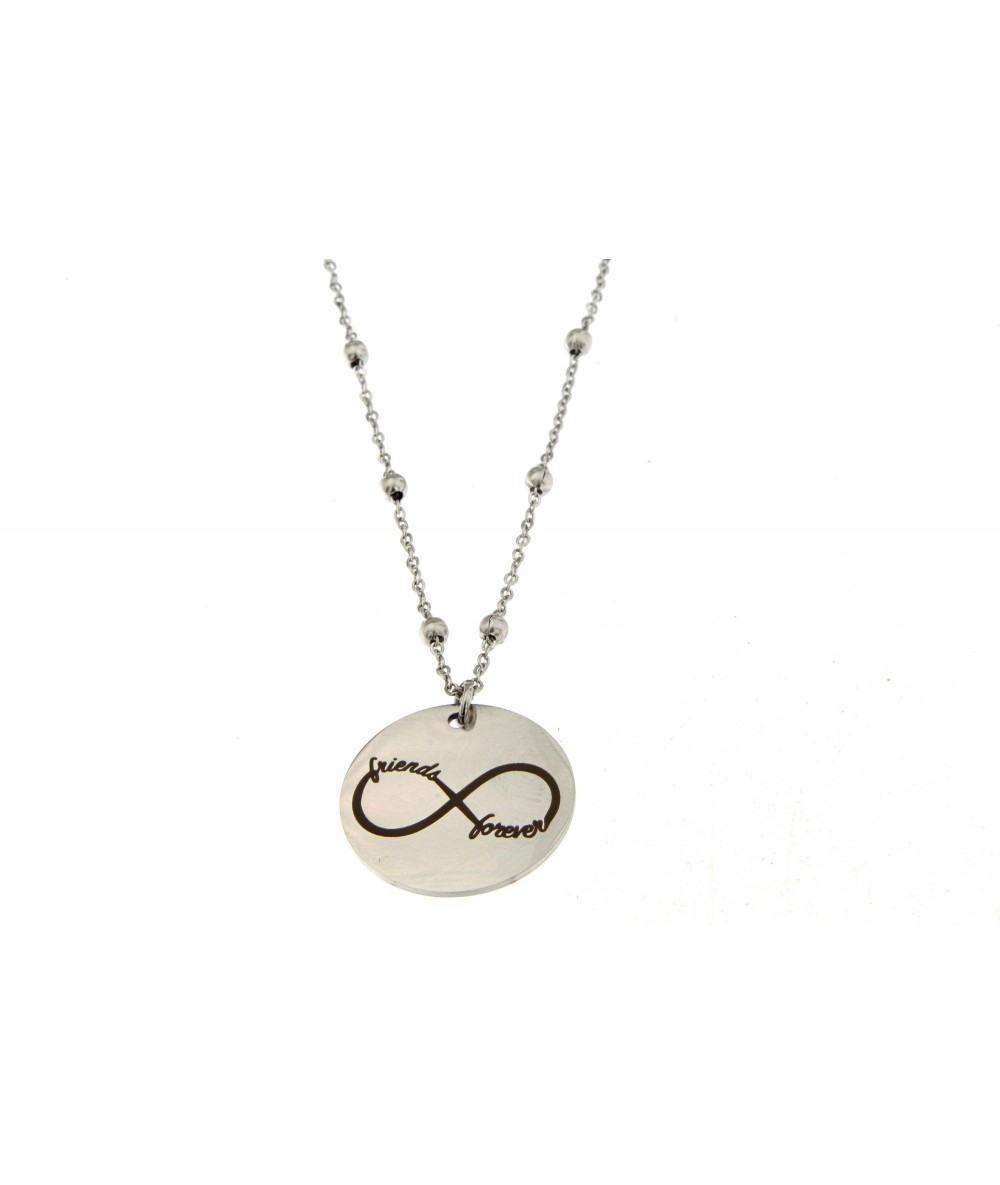 Collana in acciaio con pendente tondo scritta infinito friend forever