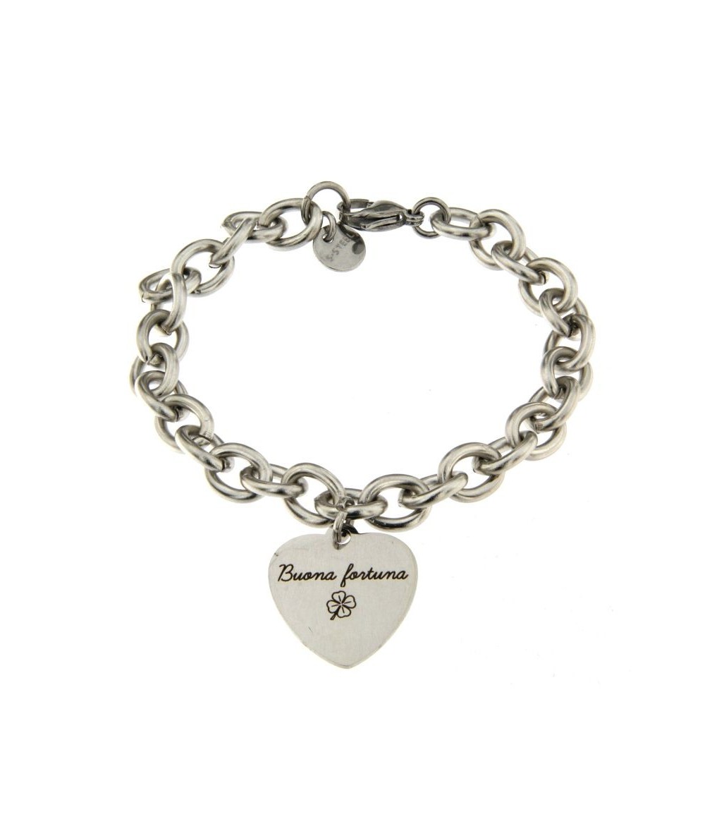 bracciale acciaio con pendente cuore inciso Buona fortuna