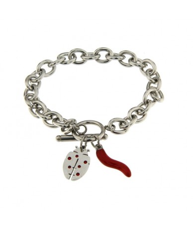 bracciale acciaio con charm numero coccinella e cornetto rosso