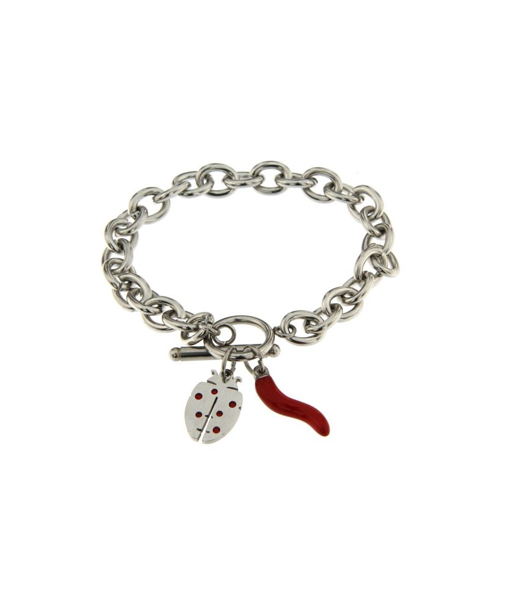 bracciale acciaio con charm numero coccinella e cornetto rosso