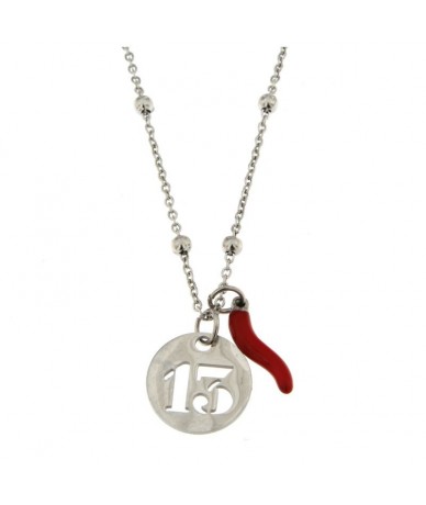 collana acciaio con charm numero 13 e cornetto rosso