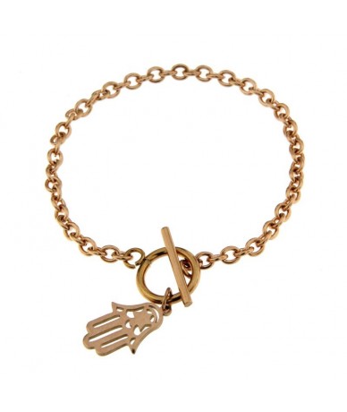 bracciale in acciaio finitura oro rosa con pendente mano di fatima