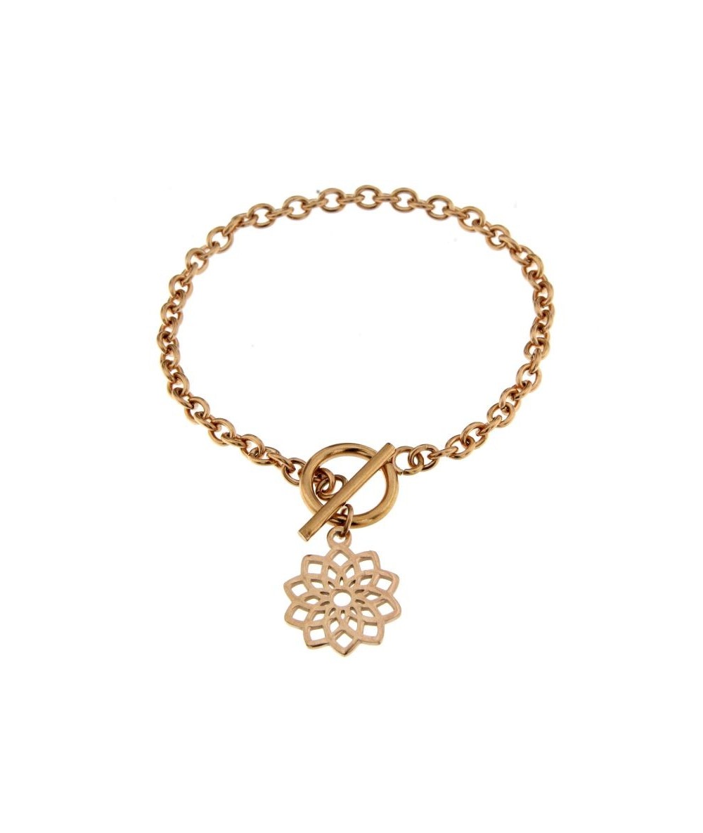 bracciale in acciaio finitura oro rosa con pendente fiore traforato
