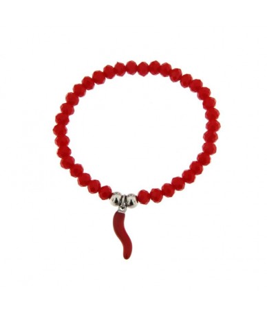 bracciale elastico con sfere in vetro colore rosso e charm cornetto in acciaio inox cromato