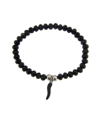 bracciale elastico con sfere in vetro colore nero e charm cornetto in acciaio inox cromato