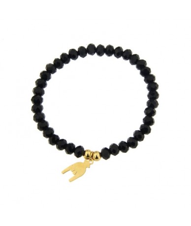 bracciale elastico in vetro colore nero concharm corna portafortuna in acciaio finitura oro