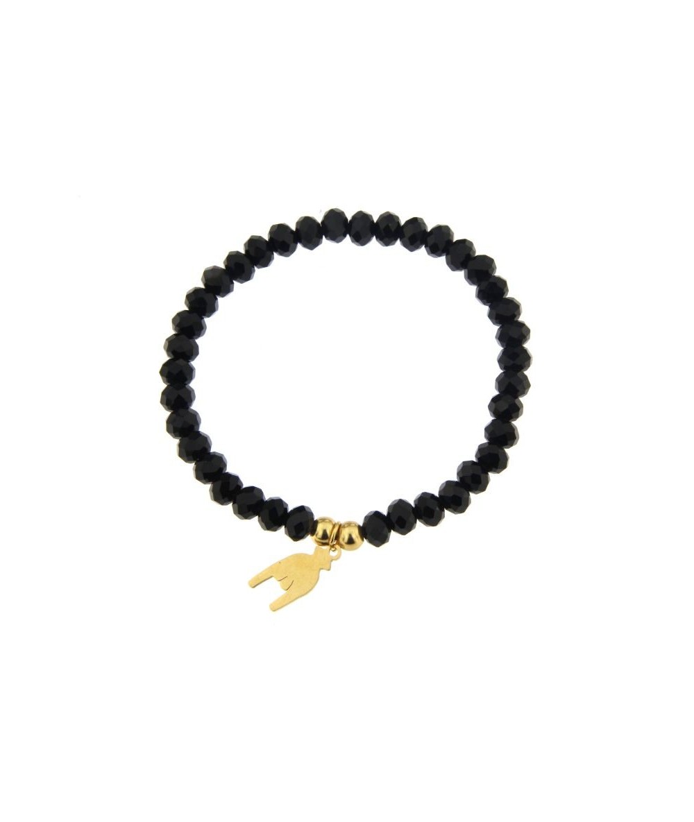bracciale elastico in vetro colore nero concharm corna portafortuna in acciaio finitura oro