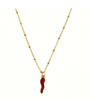 collana in acciaio inox rifinitura oro con pendente cornetto rosso smaltato