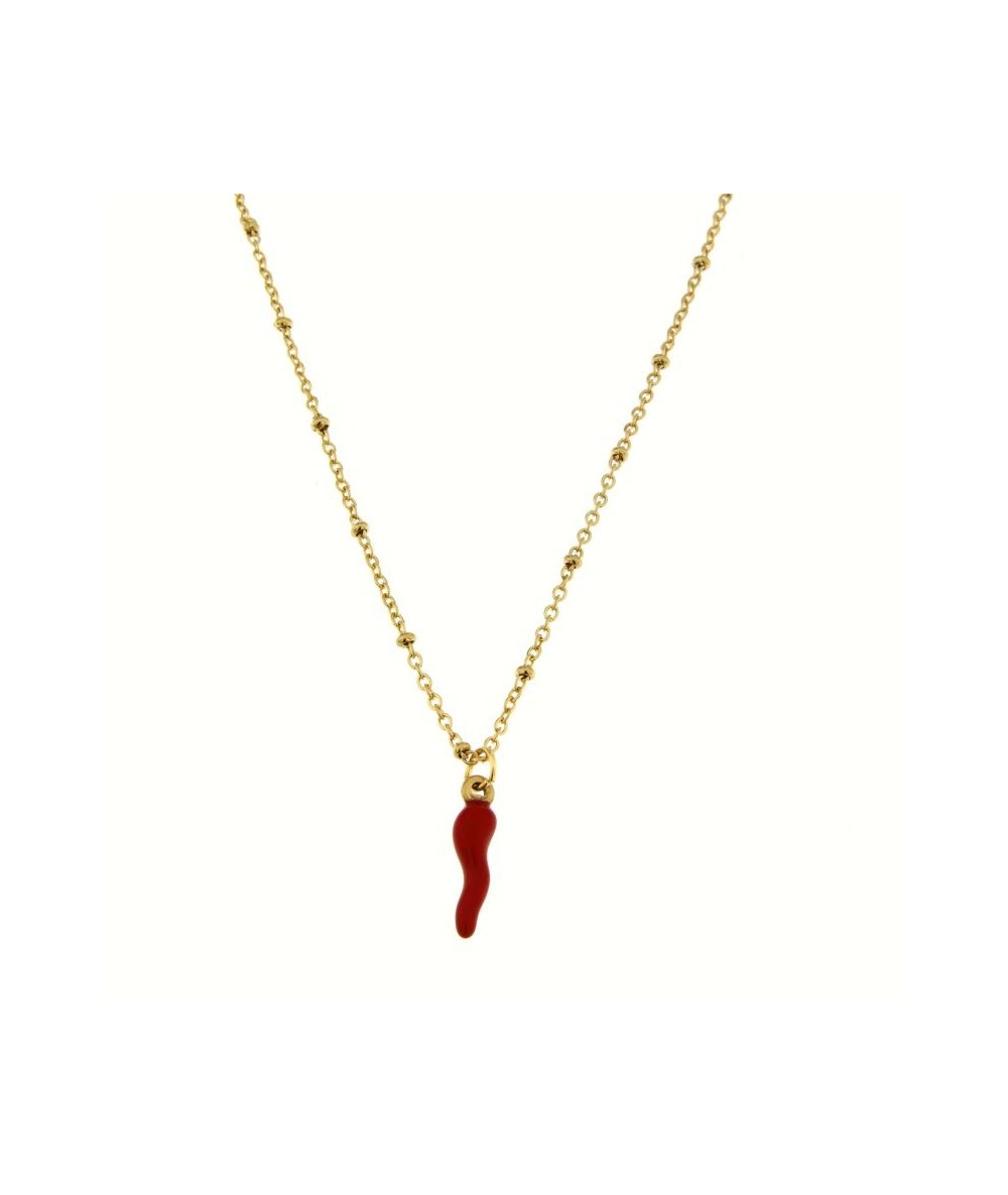 collana in acciaio inox rifinitura oro con pendente cornetto rosso smaltato